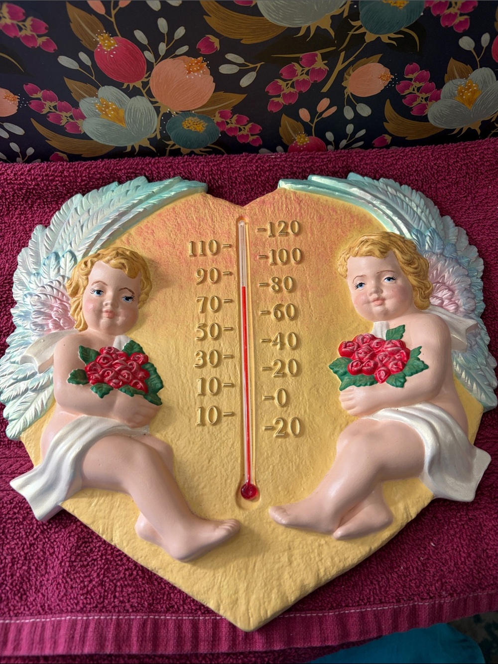 Ceramic Cherub Heart Wall Thermometer with Roses - Pastel Yellow & Pink